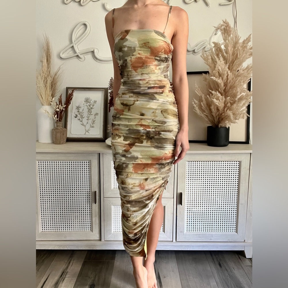 Privy :: Green Brown Print Maxi Ruche Bodycon Dress